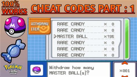 Cheats pokemon fire red master ball - Obtain All 3 Starter Pokemon. Cheat code: 83000F9C 0000. Any Special steps required. Add the above cheat and then disable it. Go and wait at the bushes till Professor Oak tell you to come out. Once you enter the lab, select any Pokemon and choose yes. When the game prompts you to enter a nickname, …